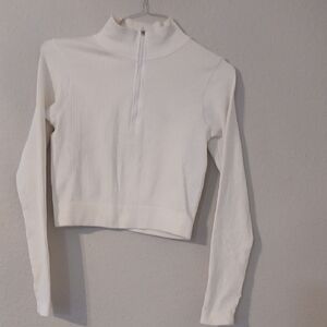 White‎ Ribbed Crop Hoodie with Mandarin Collar